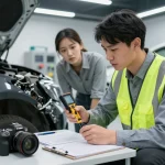 Kfz Gutachter Eschweiler bewertet Fahrzeugschäden mit professionellen Werkzeugen in einer Garagenumgebung.