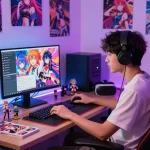 Engaging hentai ai chat experience with vibrant anime visuals and cozy gamer setup.
