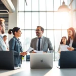 Headhunter Ingenieure discussing in a modern office with engaging expressions.