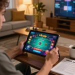 Engaged player using the rikvip casino app on a tablet in a cozy living room, emphasizing online gaming experience.