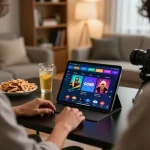 Engaging with the GO88 app on a tablet during an online gambling session, cozy home setup.
