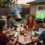 Place bets on sports games at https://va88.uno/ with friends cheering, smartphones visible in a backyard setting.