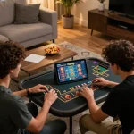Engaged player enjoying a game on rik vip app in a cozy home setting