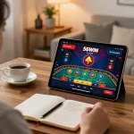 Engaging gameplay on the 56WIN casino app with a live dealer, showcasing a cozy atmosphere and strategic betting.