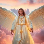 Erzengel Gabriel in majestätischer Pose mit leuchtenden Flügeln und himmlischem Hintergrund.