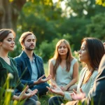 Individuals practicing mindfulness outdoors to enhance emotional wellbeing amidst nature.