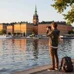 Reisetipps Stockholm Reisender, der Gamla Stan während der goldenen Stunde fotografiert, mit Reflexionen im Wasser.