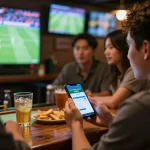 Person using keonhacaii app for sports betting while watching live football match.