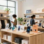 Einzelhandels Szene mit Produkten mit Sofort Lieferbar Verfügbarkeit, Käufer stöbert in einem hellen E-Commerce-Shop.