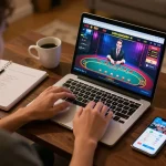 Player enjoying live dealer games on mb668 from home with strategic notes.