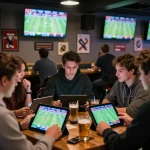 bsport users analyzing live game odds and placing bets in a vibrant sports bar atmosphere