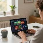 Engaging with fabet online casino on a laptop, showcasing strategic gameplay.