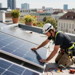 Installateur, der ein Photovoltaik Wien Solarpanel auf einem Wiener Dach sichert und dabei grüne Energielösungen präsentiert.
