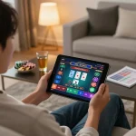 Player engaging in online casino gaming with SC88 app on tablet during a cozy evening