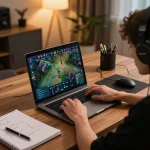 Engaged player betting on esports at home with a laptop screen displaying mk8th live tournament.