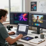 Developer using motion control ai in a modern tech workspace, showcasing dynamic character animations on dual monitors.