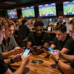 Engaged bettors analyzing live sports on smartphones while placing bets on mk 8 games.