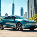 Elektroautos showcased in a vibrant urban setting with sleek design and modern architecture.