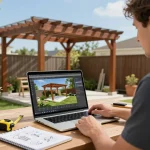 Ein Fachmann verwendet fortschrittliche Software für Pergola-Installateure, um eine maßgeschneiderte Pergola in einer lebhaften Gartenlandschaft zu entwerfen.