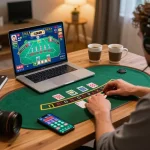 Player engaging in live dealer blackjack on PH22, showcasing dynamic game interface and cozy home setting