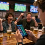 Engaging sports betting moment highlighting tỷ lệ nhà cái on smartphone screen amidst a lively sports bar.