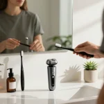 Laifen EU elektrischer Rasierer und Zahnbürste, die die luxuriöse Pflegeroutine in einem hellen Badezimmer verbessern.