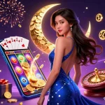 Engage with ทดลองเล่นสล็อต featuring an elegant Asian woman amidst dynamic gaming elements and celebratory effects.