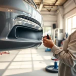 Stoßstange reparieren München - Aktiver Techniker repariert eine car bumper in professioneller Werkstatt.