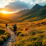 Kerry Way wandern: hikers on a scenic path through lush greenery and mountains.