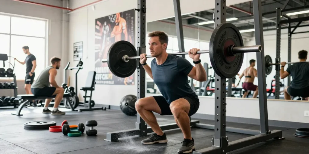 Dynamische Fitness-Szene bei Steroidshop, die das Krafttraining in einem lebhaften Fitnessstudio hervorhebt.