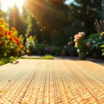 Die Hanfmatte im idyllischen Garten, umgeben von natürlichen Pflanzen und leuchtenden Blüten, fügt sich harmonisch in die Umgebung ein.