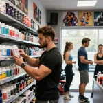 Anabolika Shop showcasing bodybuilding steroids with customers interacting and exploring options.