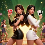 Experience the excitement of 78WIN casino with stunning twins holding playing cards amidst vibrant gaming elements.