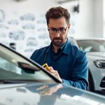 Kfz Sachverständiger Augsurg bewertet ein Fahrzeug in einem modernen Büro.