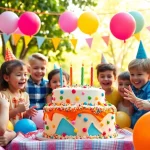 Feiernde Kinder beim Kindergeburtstag 4 Jahre mit bunten Dekorationen und fröhlicher Stimmung.