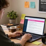 Quiz Allgemeinwissen scene in a cozy home office with a student focused on vibrant trivia questions.