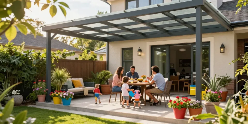 Moderne Terrassenüberdachung in einem einladenden Garten mit Familie beim Essen.