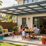 Moderne Terrassenüberdachung in einem einladenden Garten mit Familie beim Essen.