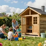 Gartenhaus kaufen: Familie genießt den neuen Gartenplatz umgeben von bunten Blumen und Spielzeug.