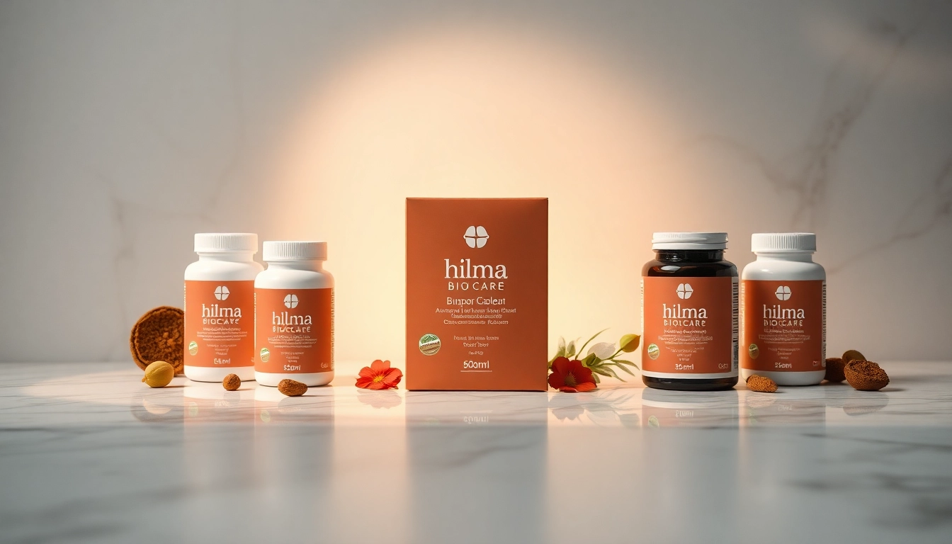 hilma biocare Produkte in eleganter Anordnung auf marmoriertem Hintergrund zeigen Wellness und Vitalität. related image