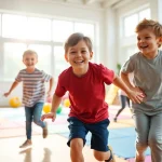 Kinder spielen drinnen Bewegungsspiele und laughing, um mehr dazu lesen.