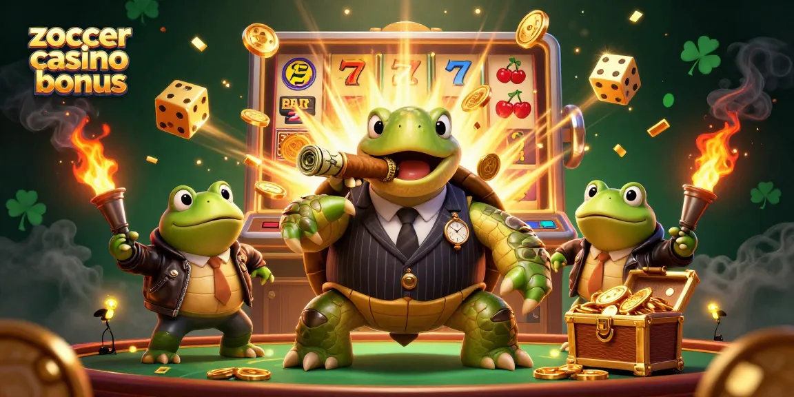Immerse in excitement with zoccer casino bonus showcasing a vibrant 3D casino adventure featuring a playful turtle in a stylish suit and thrilling game elements.