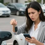 Autoschlüssel verloren: Ein Autofahrer sucht verzweifelt nach seinen verlorenen Autoschlüsseln auf einem Parkplatz.