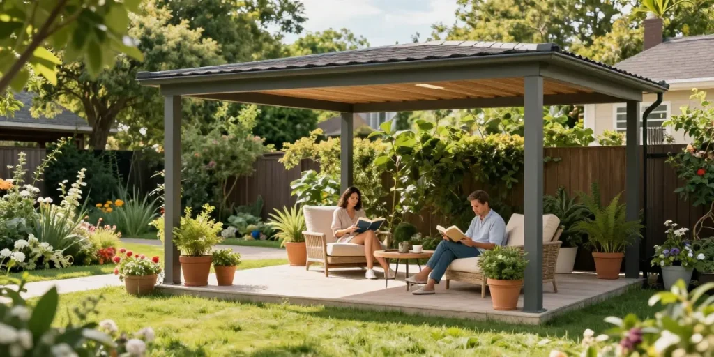 Freistehende Terrassenüberdachung im Garten, ein Paar genießt Kaffee und Bücher darunter.
