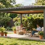 Freistehende Terrassenüberdachung im Garten, ein Paar genießt Kaffee und Bücher darunter.