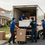 Umzugsunternehmen Worms - professionelle Movers laden Möbel in Umzugswagen in Wohngebiet
