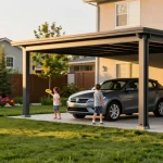 Der Carport bietet Schutz für Fahrzeuge in einem modernen Zuhause mit Garten und spielenden Kindern.