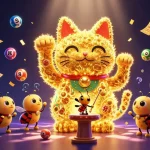 Experience the vibrant scene at realz casino, showcasing a lucky cat and bouncing lottery balls in a dynamic casino atmosphere.