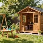 Ein Holz-Gartenhaus in einem schönen Garten mit einer spielenden Familie, das die perfekte Garten-Oase darstellt.
