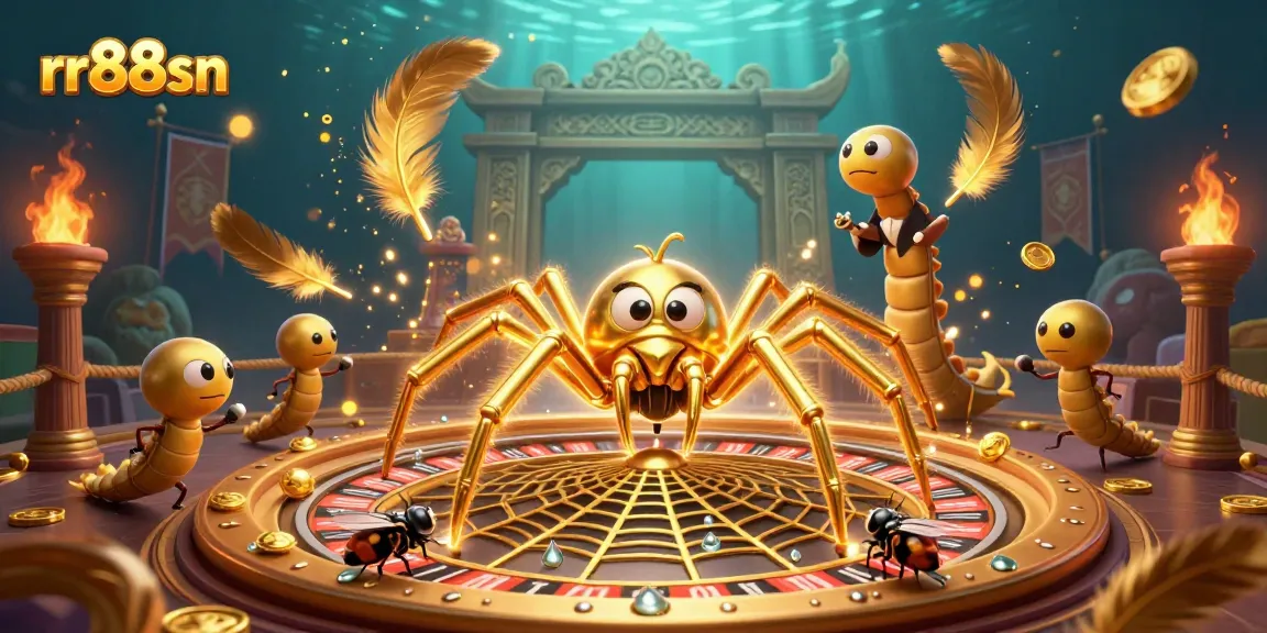 Engage with the thrilling rr88sn casino experience, featuring a golden spider and lively betting scene.